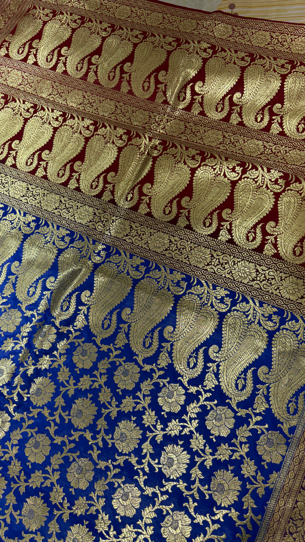 Royal Blue Maroon Banarasi Silk Saree, Gold Zari Floral Paisley (Wedding)