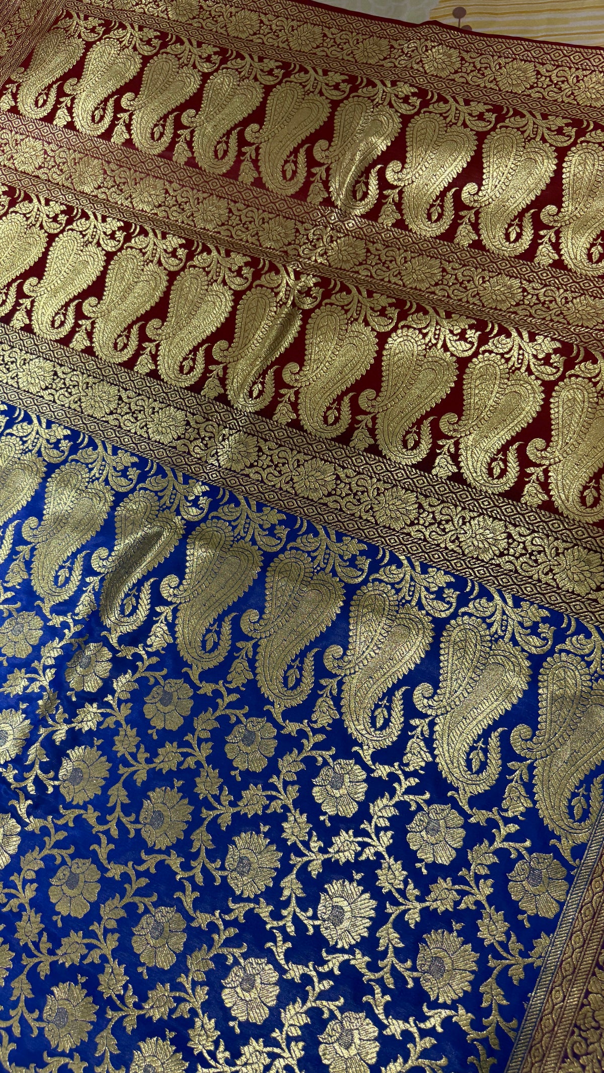 Royal Blue Maroon Banarasi Silk Saree, Gold Zari Floral Paisley (Wedding)