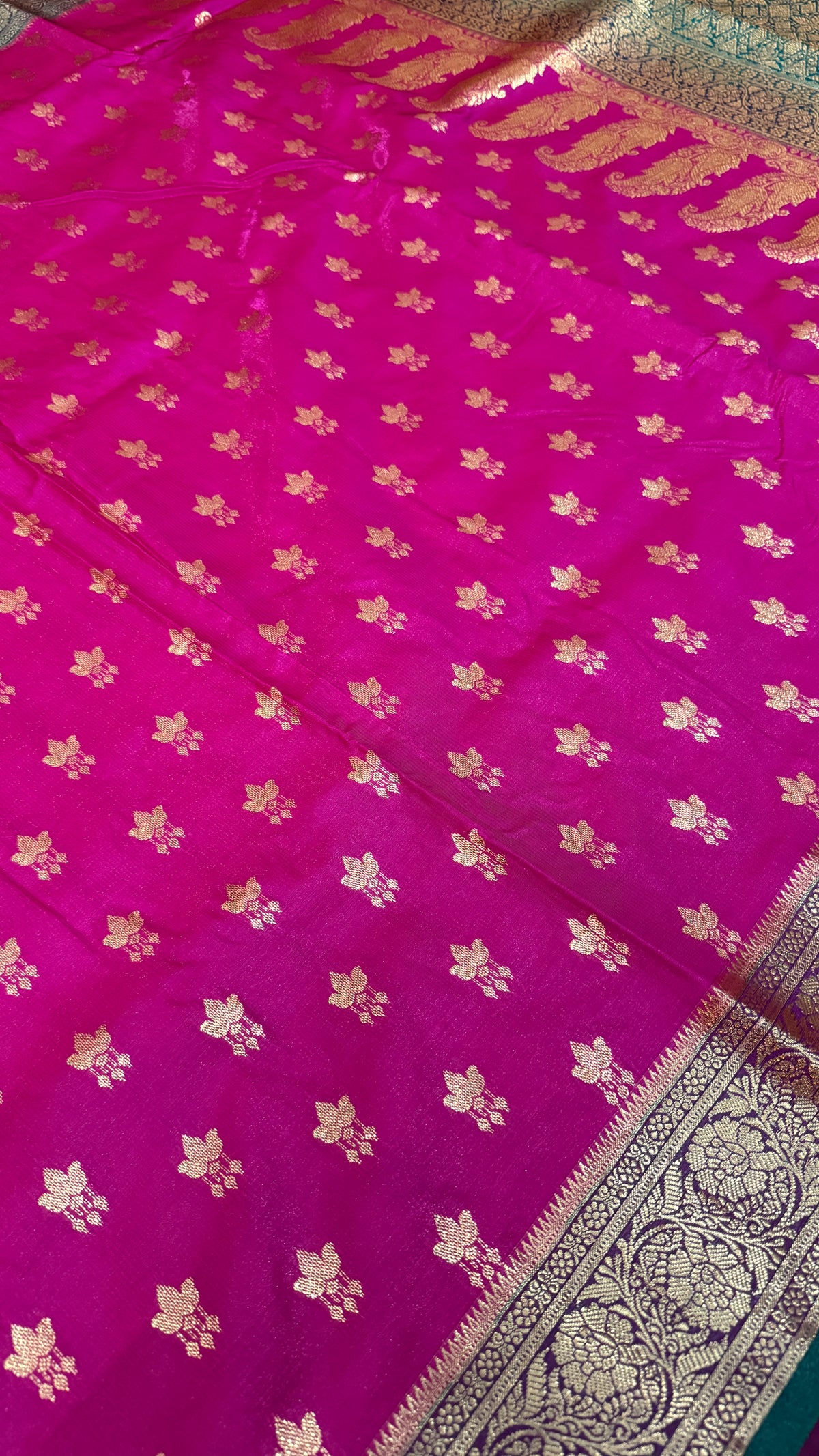 Hot Pink Banarasi Silk Saree with Gold Floral Butti & Rich Zari Border