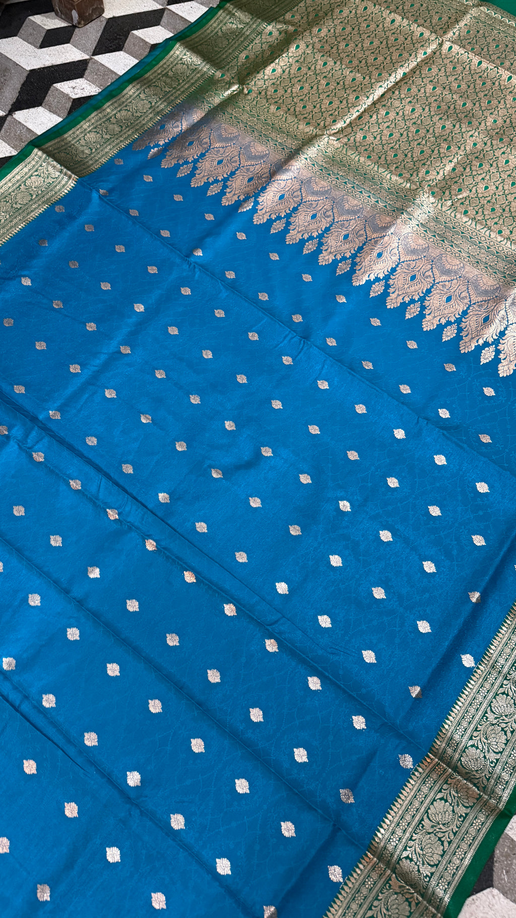 Royal Blue Green Banarasi Silk Saree, Golden Zari Woven Wedding Ethnic Wear