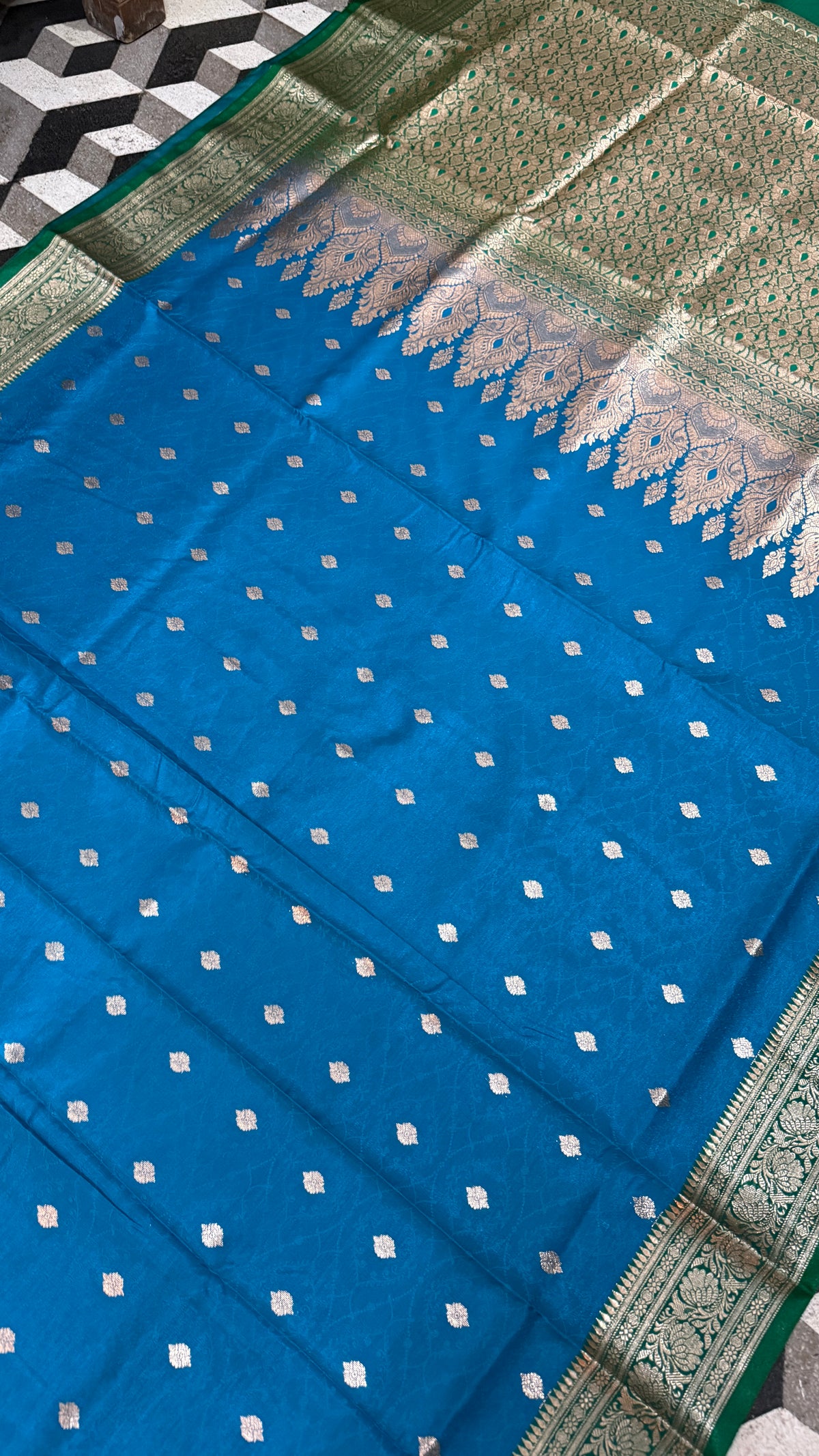 Royal Blue Green Banarasi Silk Saree, Golden Zari Woven Wedding Ethnic Wear