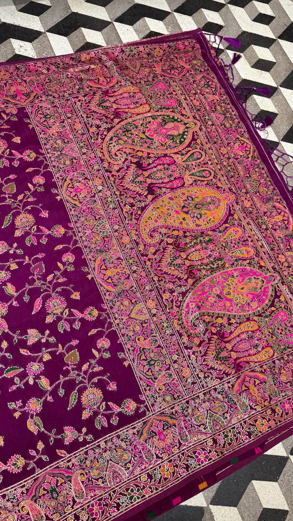 Deep Purple Pashmina Silk Saree, Kashmiri Floral Paisley Border, Indian Wedding Festive Wear