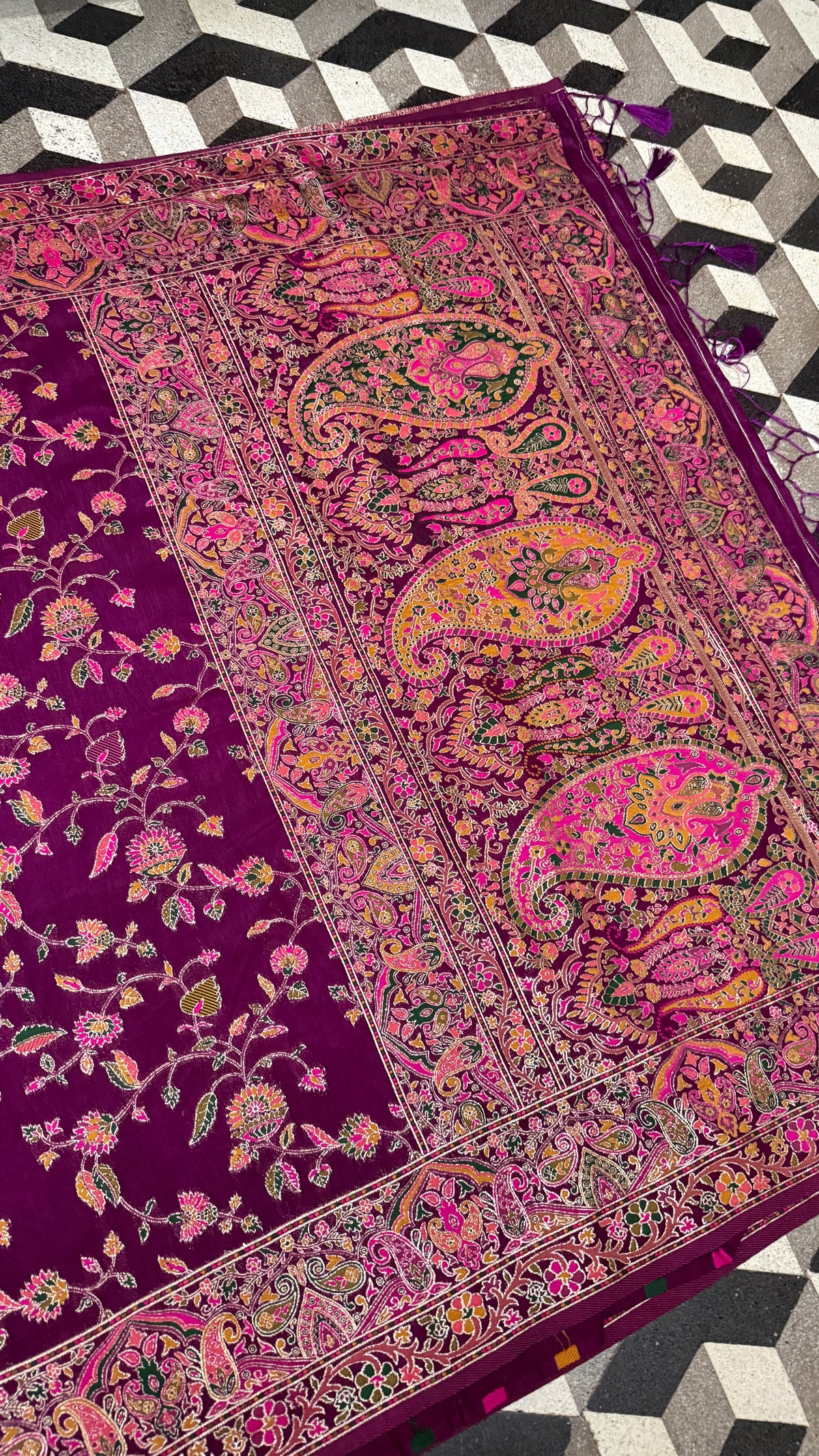 Deep Purple Pashmina Silk Saree, Kashmiri Floral Paisley Border, Indian Wedding Festive Wear