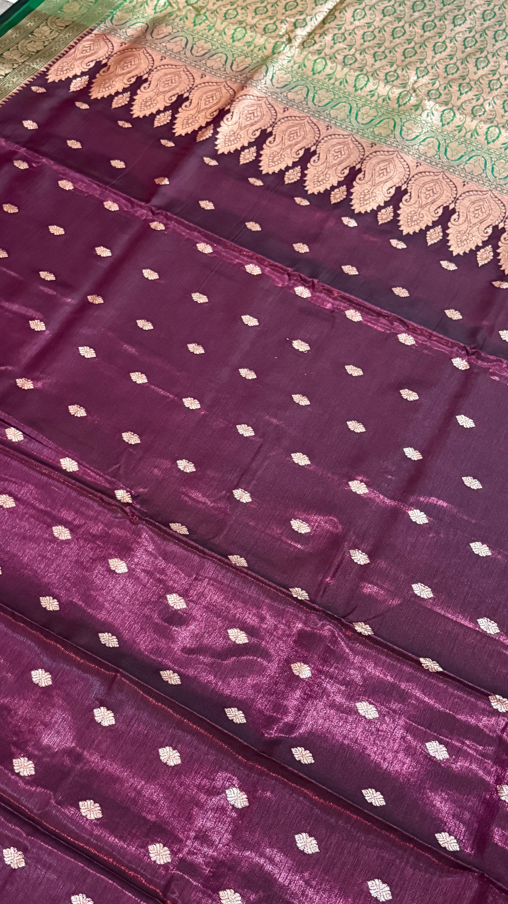 Banarasi Silk Saree, Wine Purple & Emerald Green, Golden Zari Weaving, Wedding Ethnic Wear