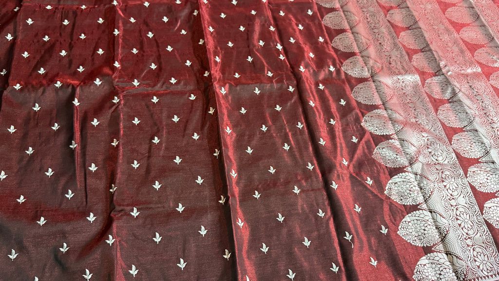 Maroon Satin Silk Saree with Silver Butti & Traditional Woven Border | Elegant Indian Saree