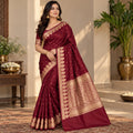 Maroon Banarasi Mashru Silk Saree, Gold Zari Woven, Traditional Wedding Saree