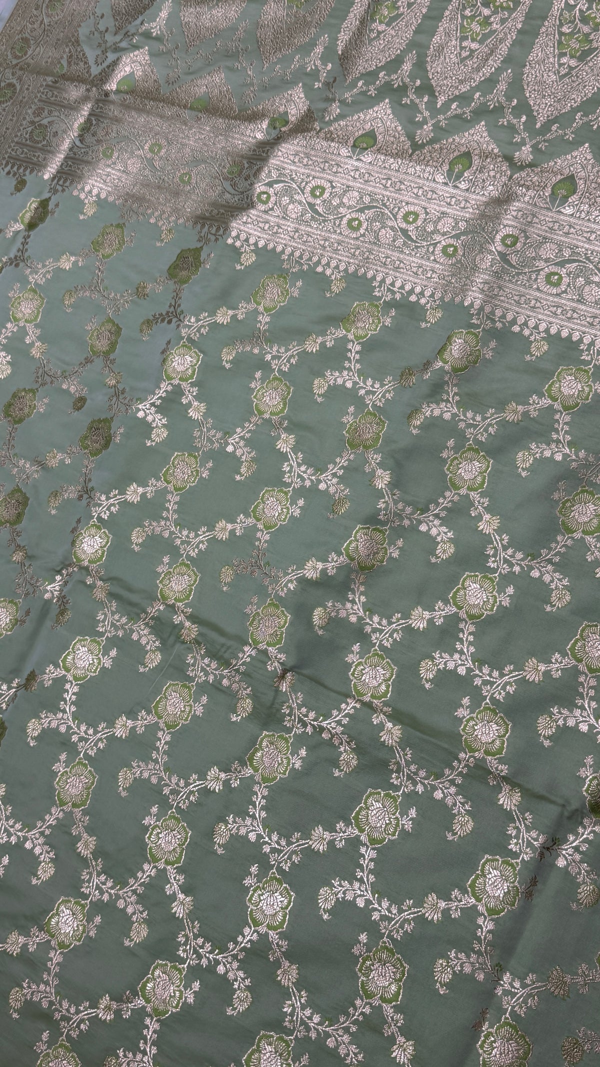 Pure Katan Silk Saree: Sage Green Zari Weave, Floral Motifs, Traditional Indian Wedding Wear