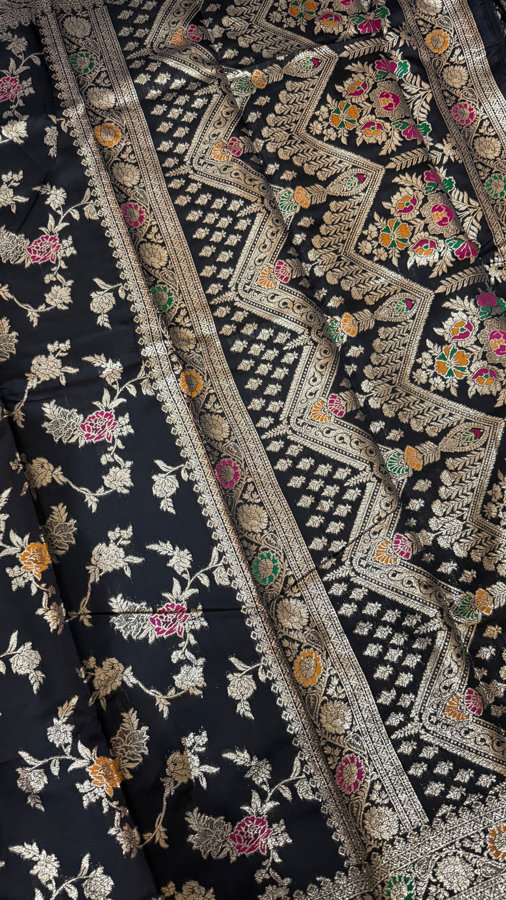 Black Georgette Silk Saree, Floral Zari, Traditional Wedding Wear
