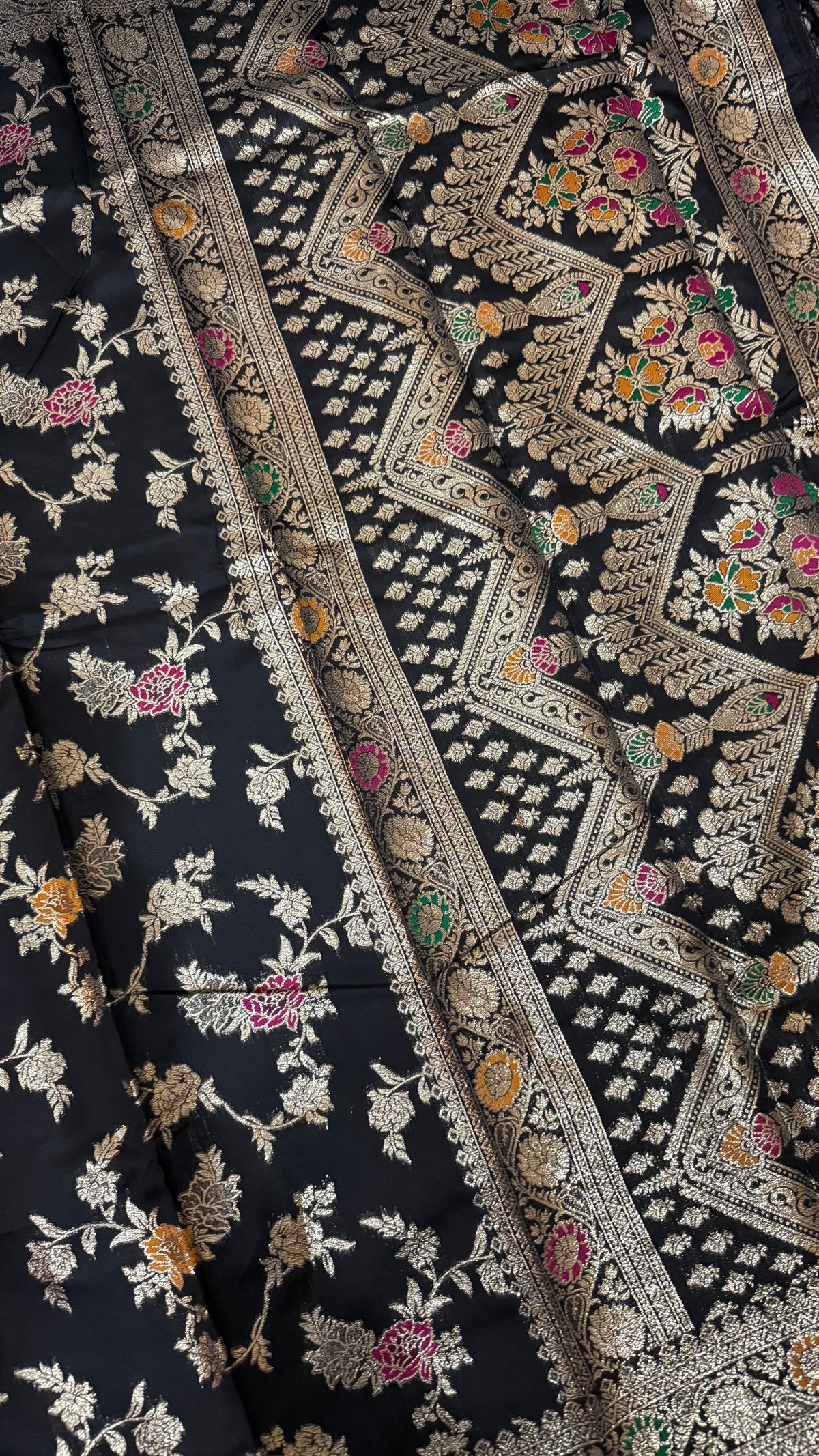 Black Georgette Silk Saree, Floral Zari, Traditional Wedding Wear