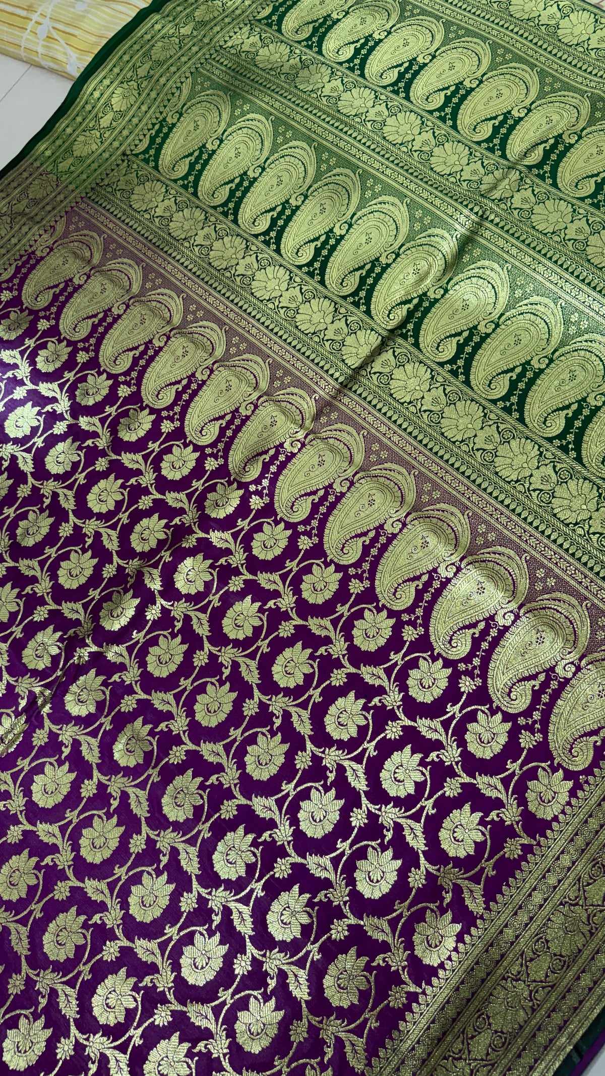 Purple Green Banarasi Silk Saree, Gold Zari Floral Paisley Wedding Saree