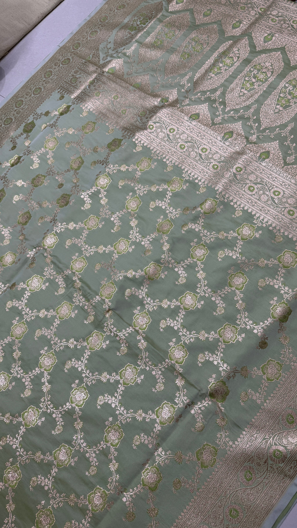 Pure Katan Silk Saree: Sage Green Zari Weave, Floral Motifs, Traditional Indian Wedding Wear