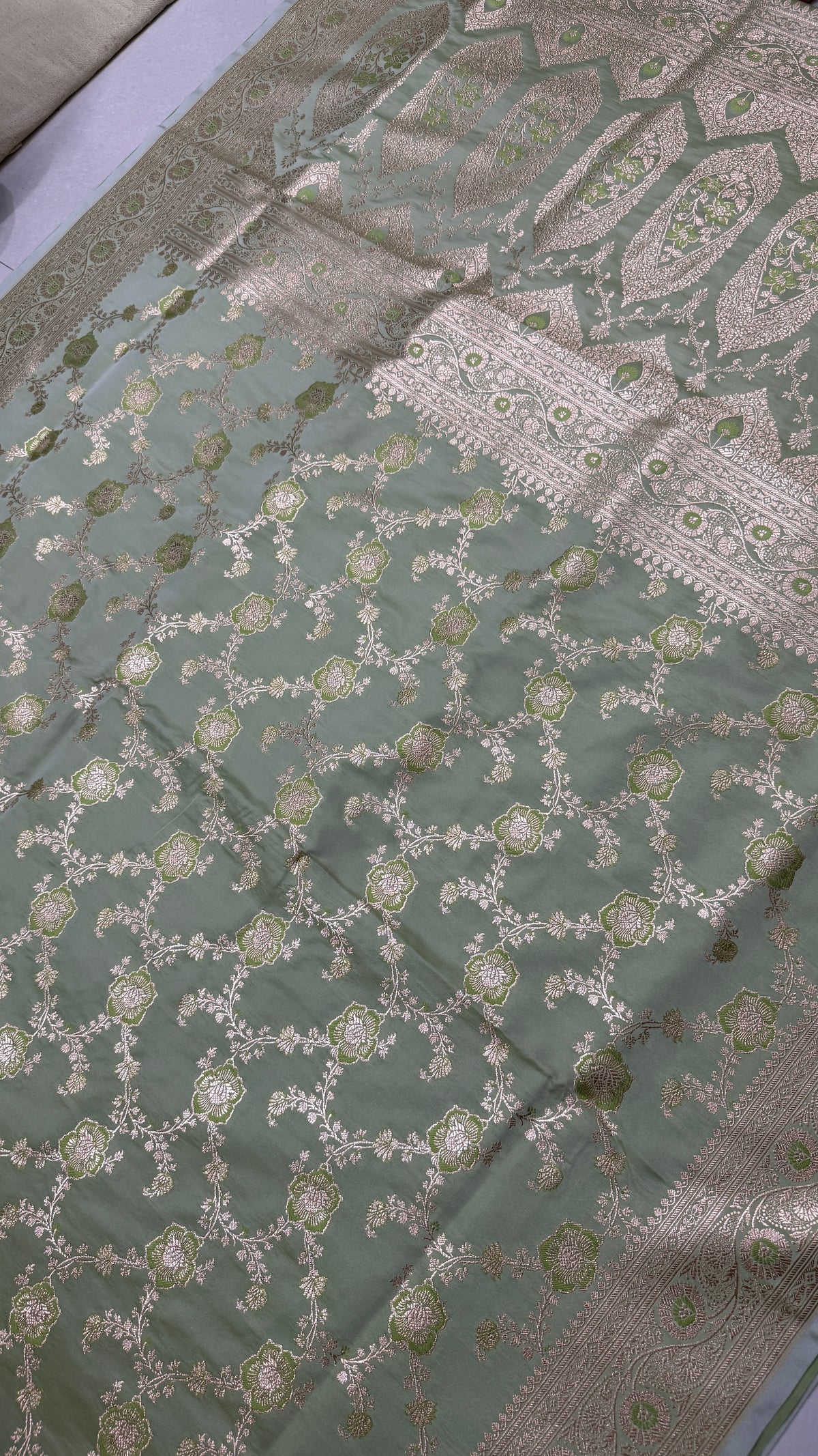 Pure Katan Silk Saree: Sage Green Zari Weave, Floral Motifs, Traditional Indian Wedding Wear
