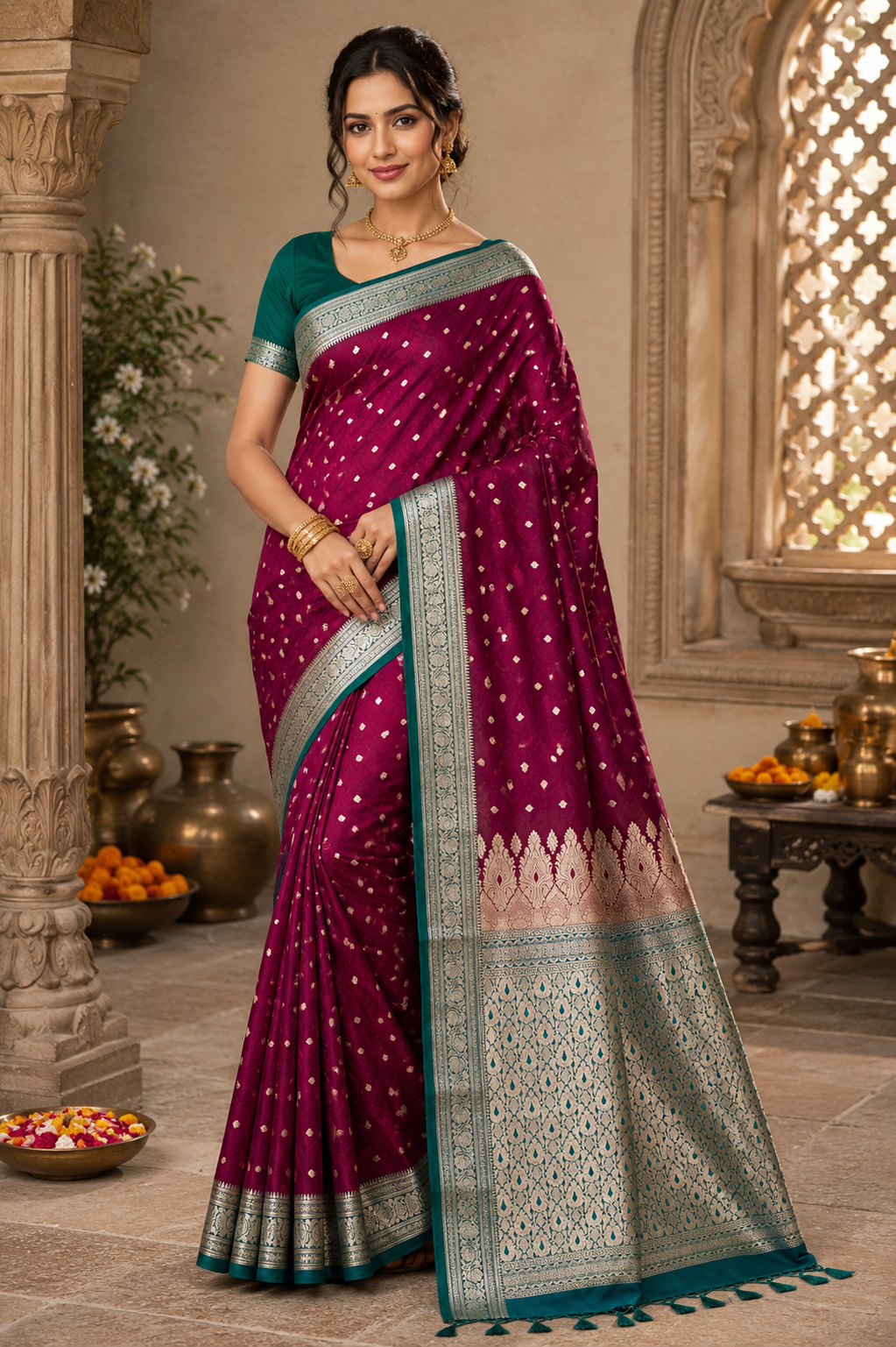 Banarasi Silk Saree Wine Magenta Teal, Golden Zari Woven, Wedding Festive Wear