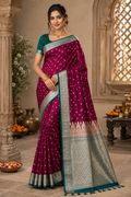 Banarasi Silk Saree Wine Magenta Teal, Golden Zari Woven, Wedding Festive Wear