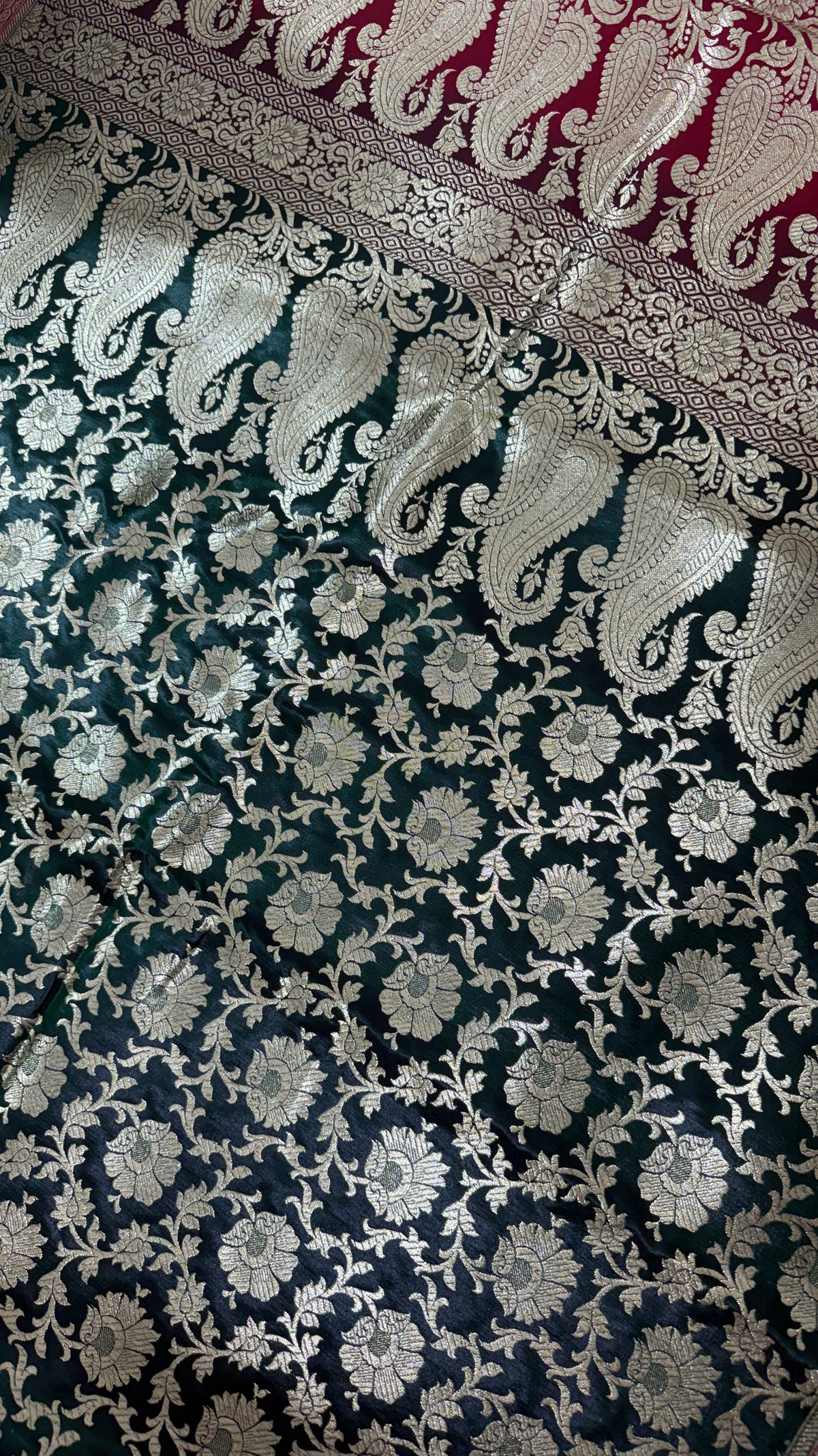 Dark Green Maroon Banarasi Silk Saree, Gold Zari Floral Paisley Wedding Saree