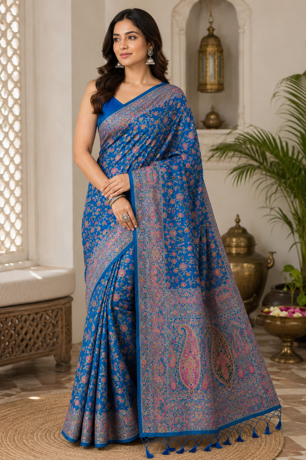 Royal Blue Pashmina Silk Saree, Kashmiri Floral Paisley Woven Indian Wedding Wear