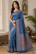 Royal Blue Pashmina Silk Saree, Kashmiri Floral Paisley Woven Indian Wedding Wear