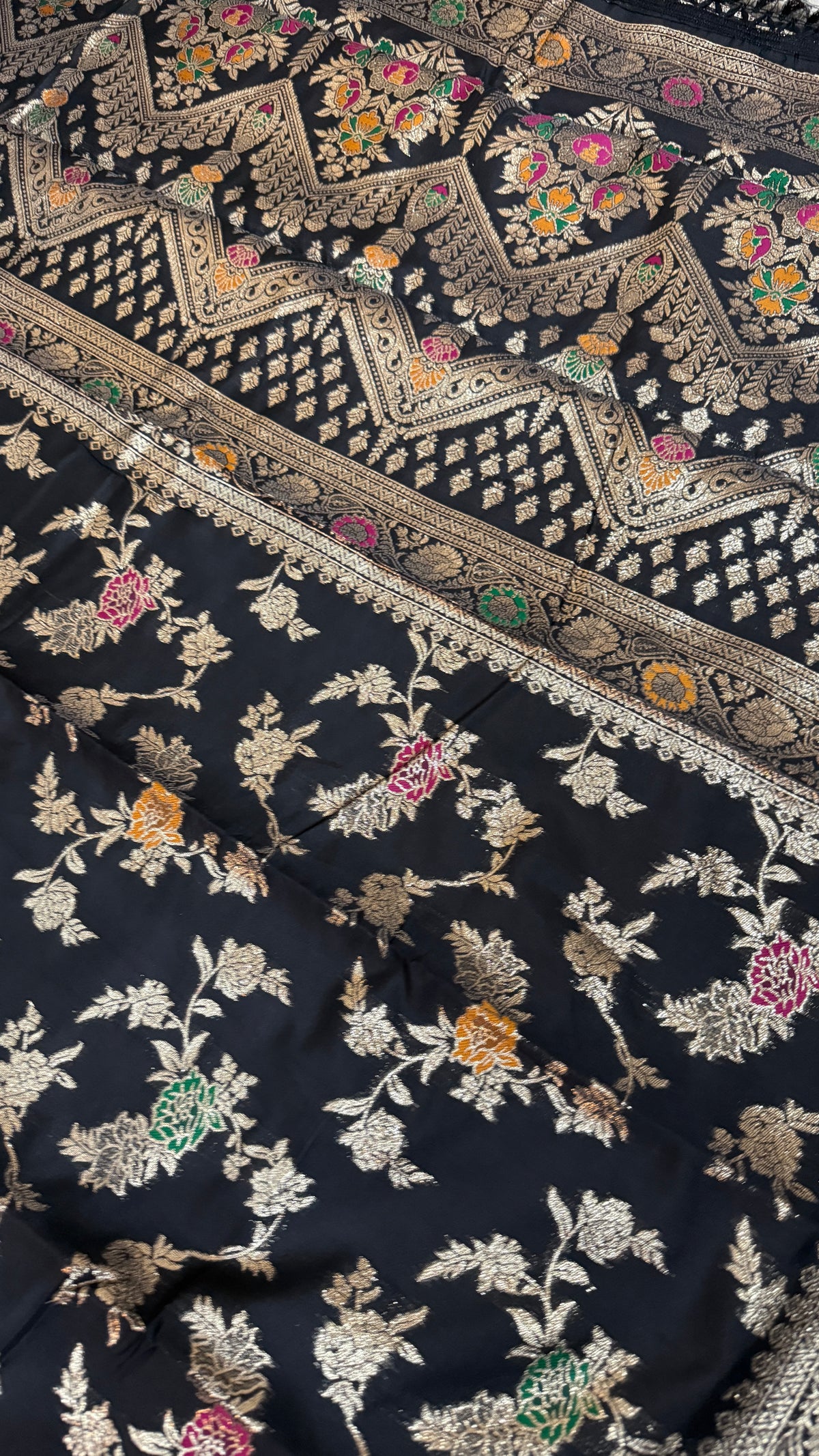 Black Georgette Silk Saree, Floral Zari, Traditional Wedding Wear