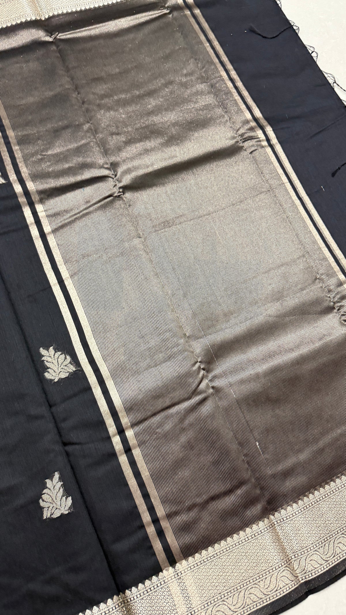 Black Cotton Saree, Silver Zari Woven Border, Traditional Indian Festive Wear