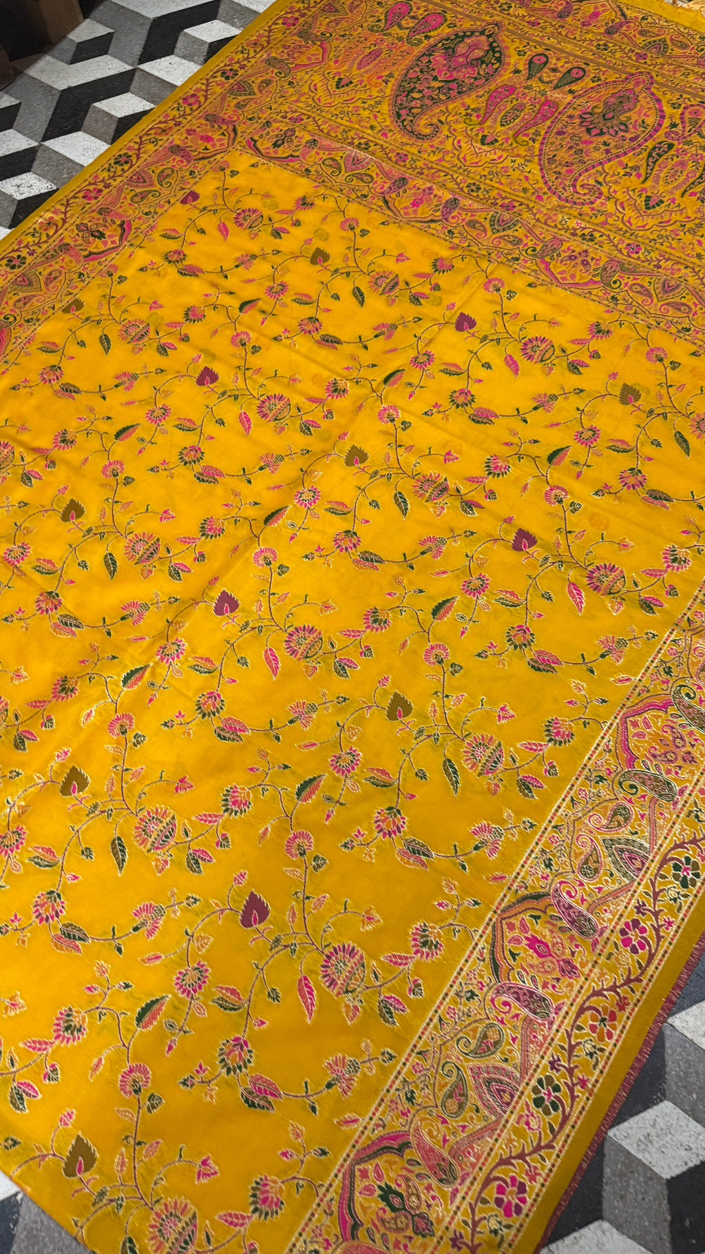 Mustard Yellow Pashmina Silk Saree, Kashmiri Floral Woven Paisley Border, Indian Festive Wear