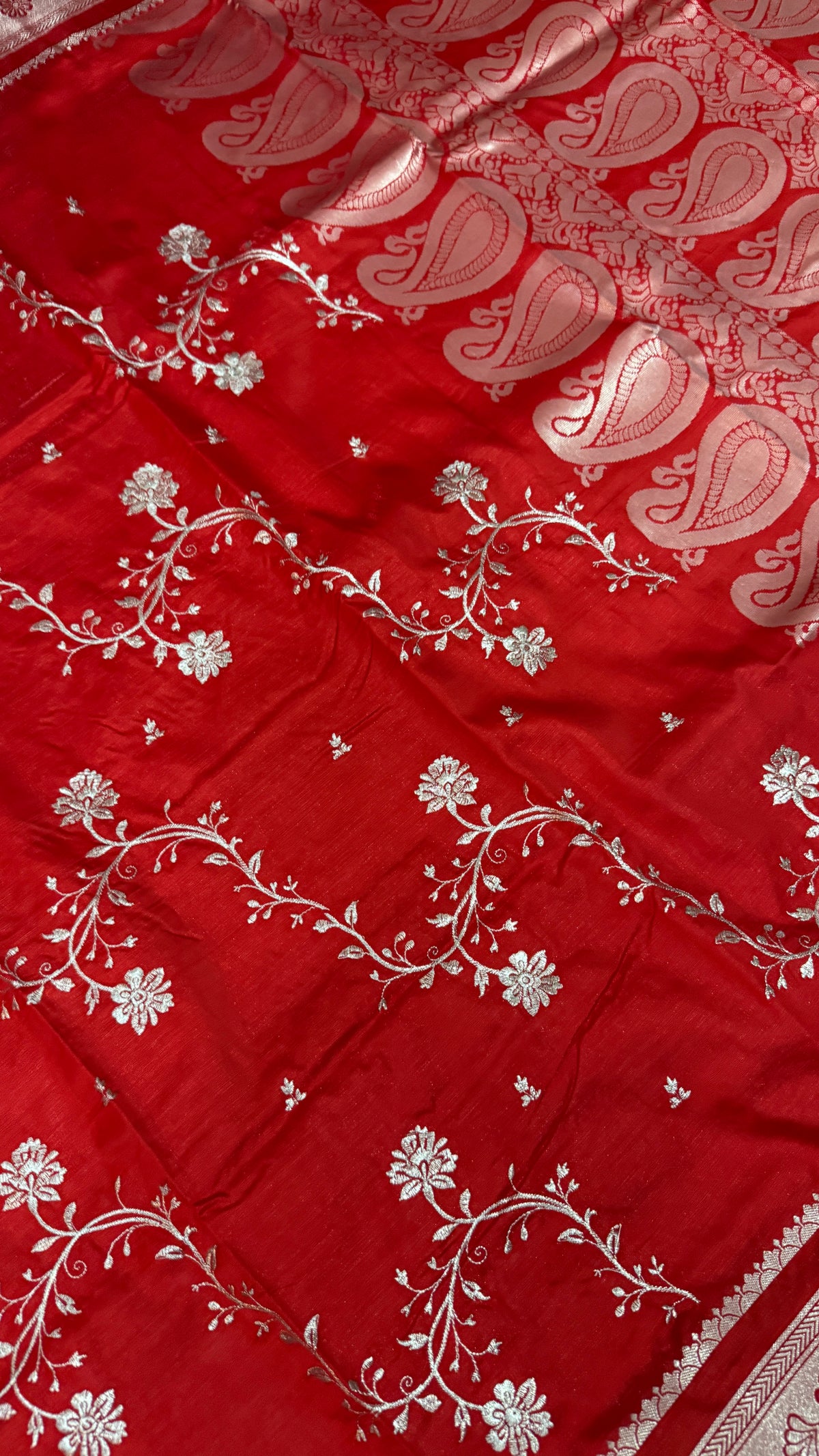 Red Satin Silk Saree, Floral Vine, Silver Border, Paisley Pallu (Wedding Wear)
