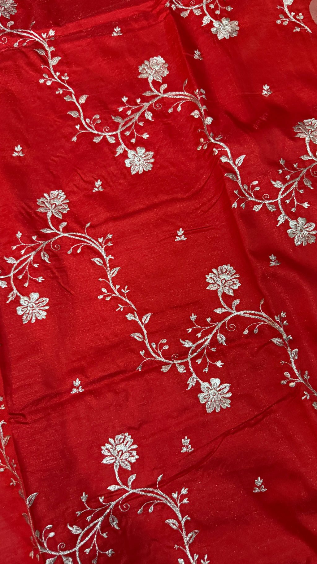 Red Satin Silk Saree, Floral Vine, Silver Border, Paisley Pallu (Wedding Wear)