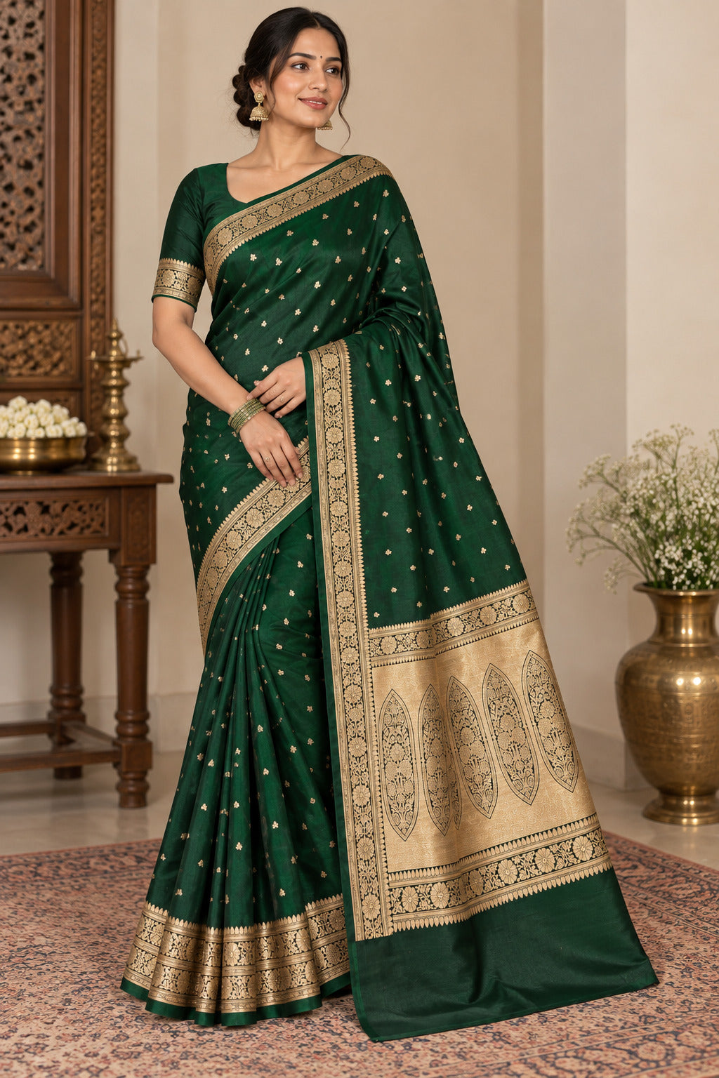 Deep Green Banarasi Mashru Silk Saree, Gold Zari Woven, Traditional Indian Wedding Saree