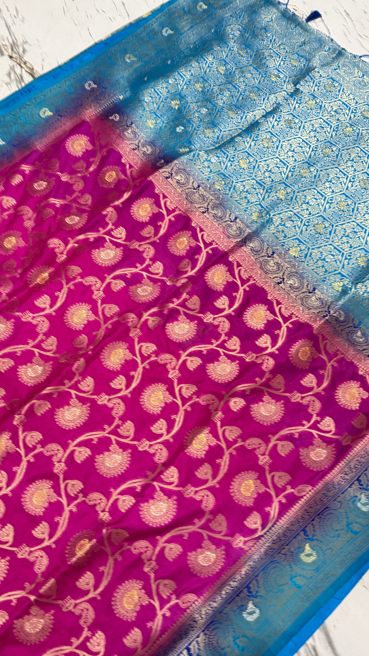 Fuchsia Pink Dola Silk Saree, Banarasi Zari Woven Border, Floral Motifs, Festive Wear