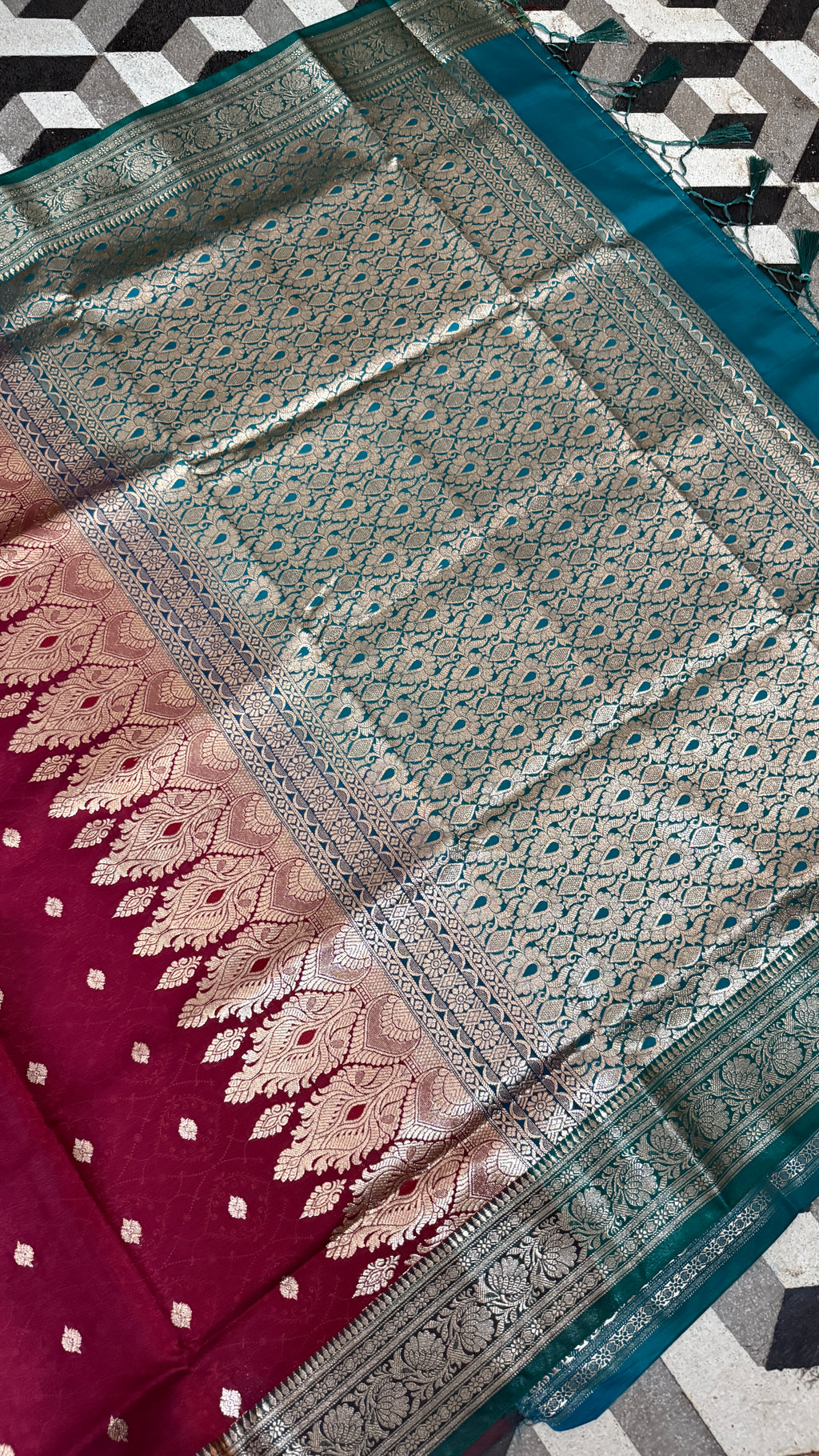Banarasi Silk Saree Wine Magenta Teal, Golden Zari Woven, Wedding Festive Wear
