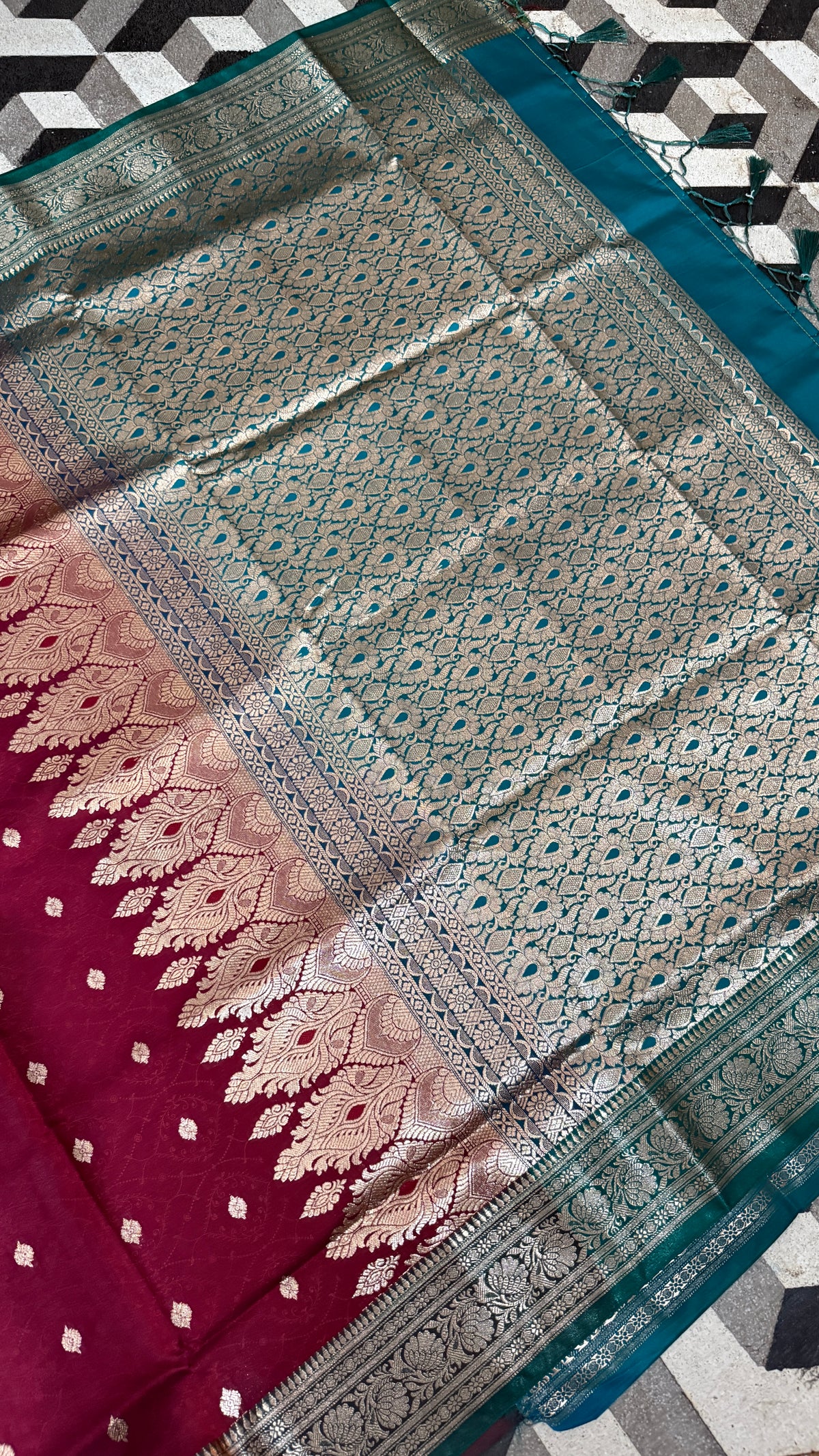 Banarasi Silk Saree Wine Magenta Teal, Golden Zari Woven, Wedding Festive Wear