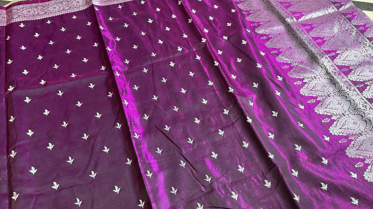 Purple Satin Silk Saree, Silver Zari Border, Indian Wedding Festive Wear