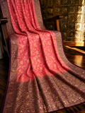 Pink Dola Silk Saree, Banarasi Zari Woven Floral Motifs, Maroon Border, Festive Wear