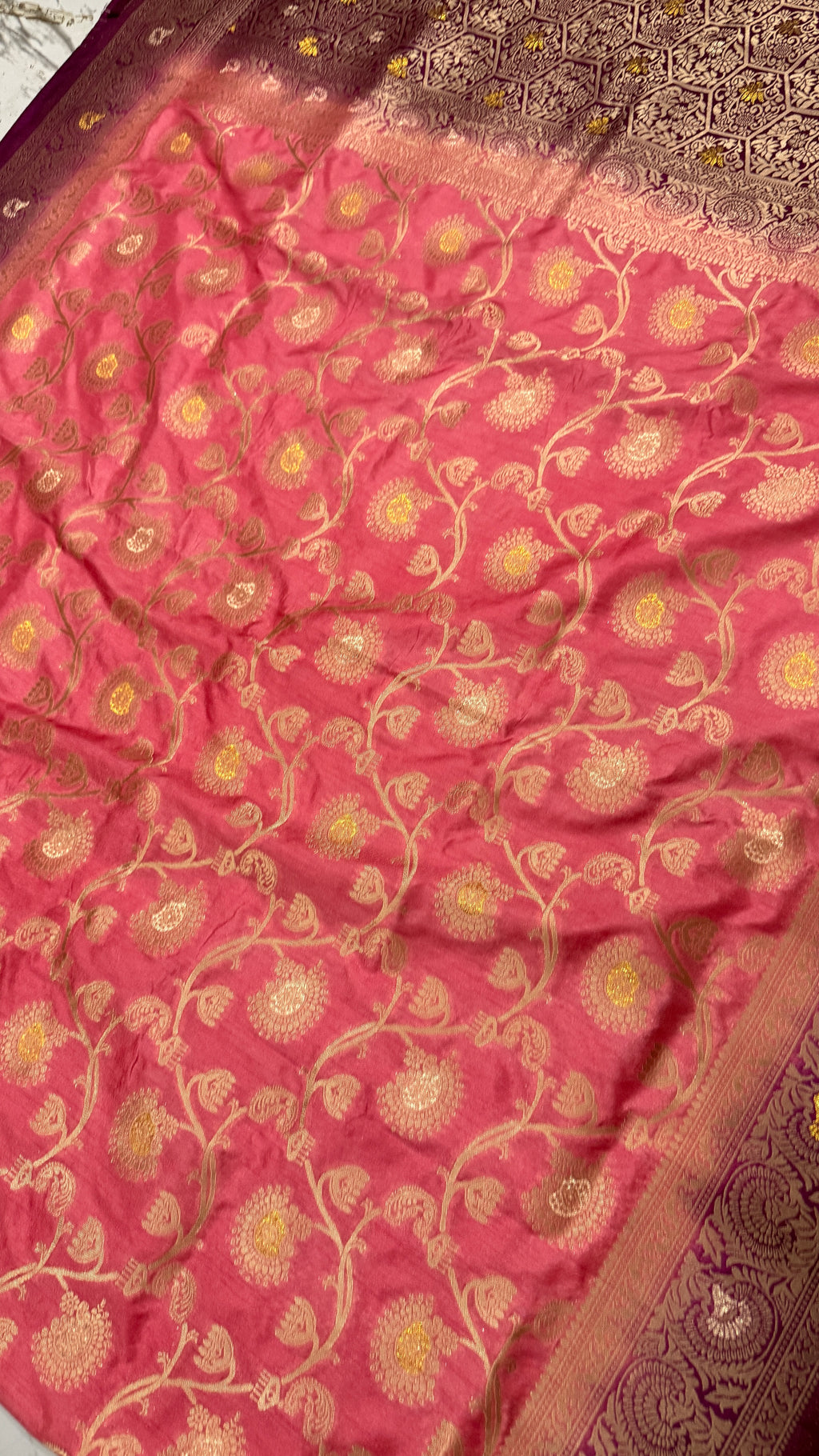 Pink Dola Silk Saree, Banarasi Zari Woven Floral Motifs, Maroon Border, Festive Wear