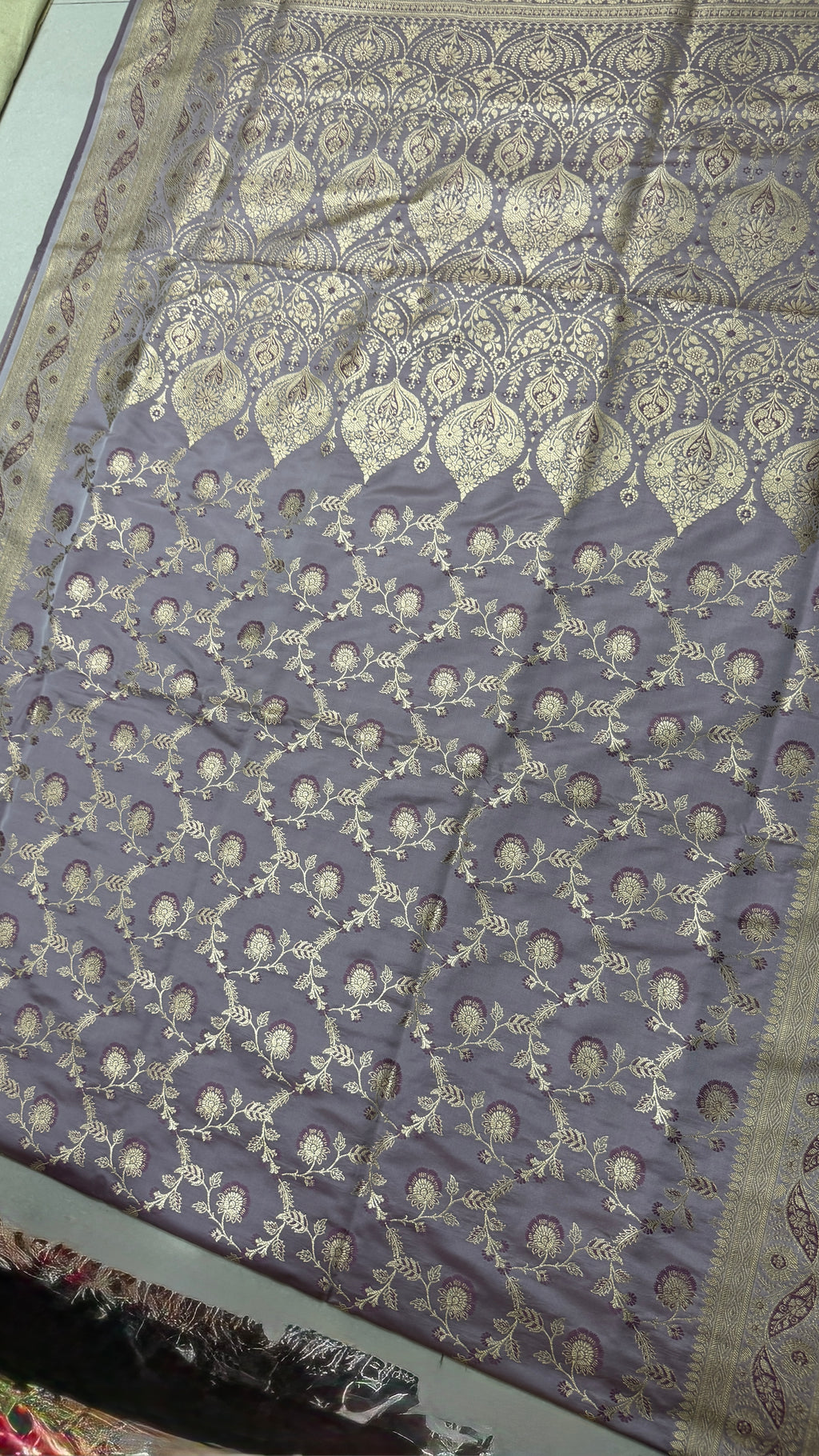 Pure Katan Silk Saree, Lavender Grey, Gold Zari Floral Weave, Indian Wedding Ethnic Wear