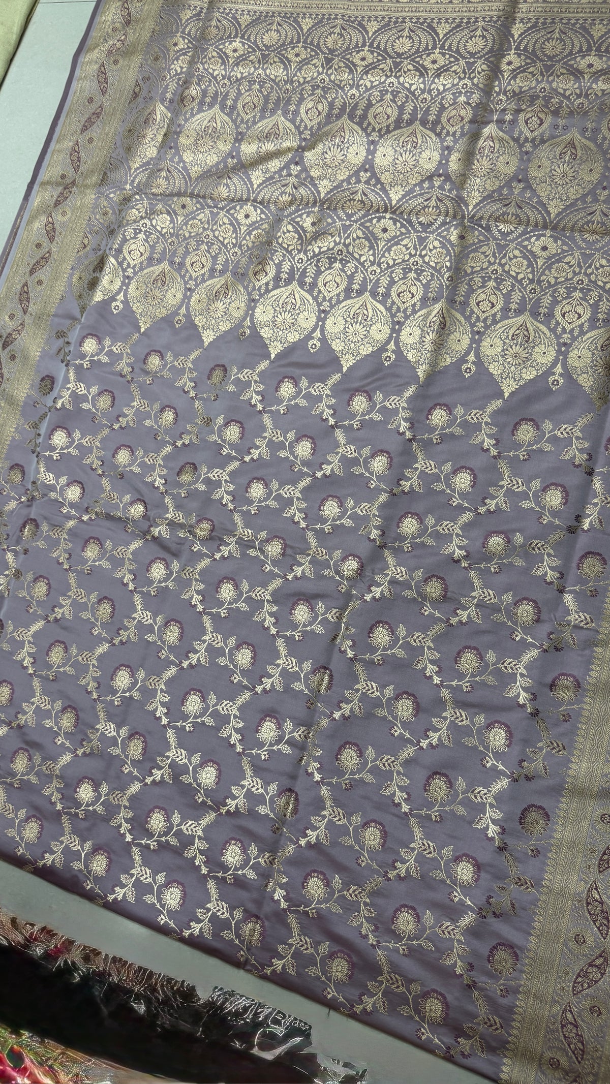 Pure Katan Silk Saree, Lavender Grey, Gold Zari Floral Weave, Indian Wedding Ethnic Wear