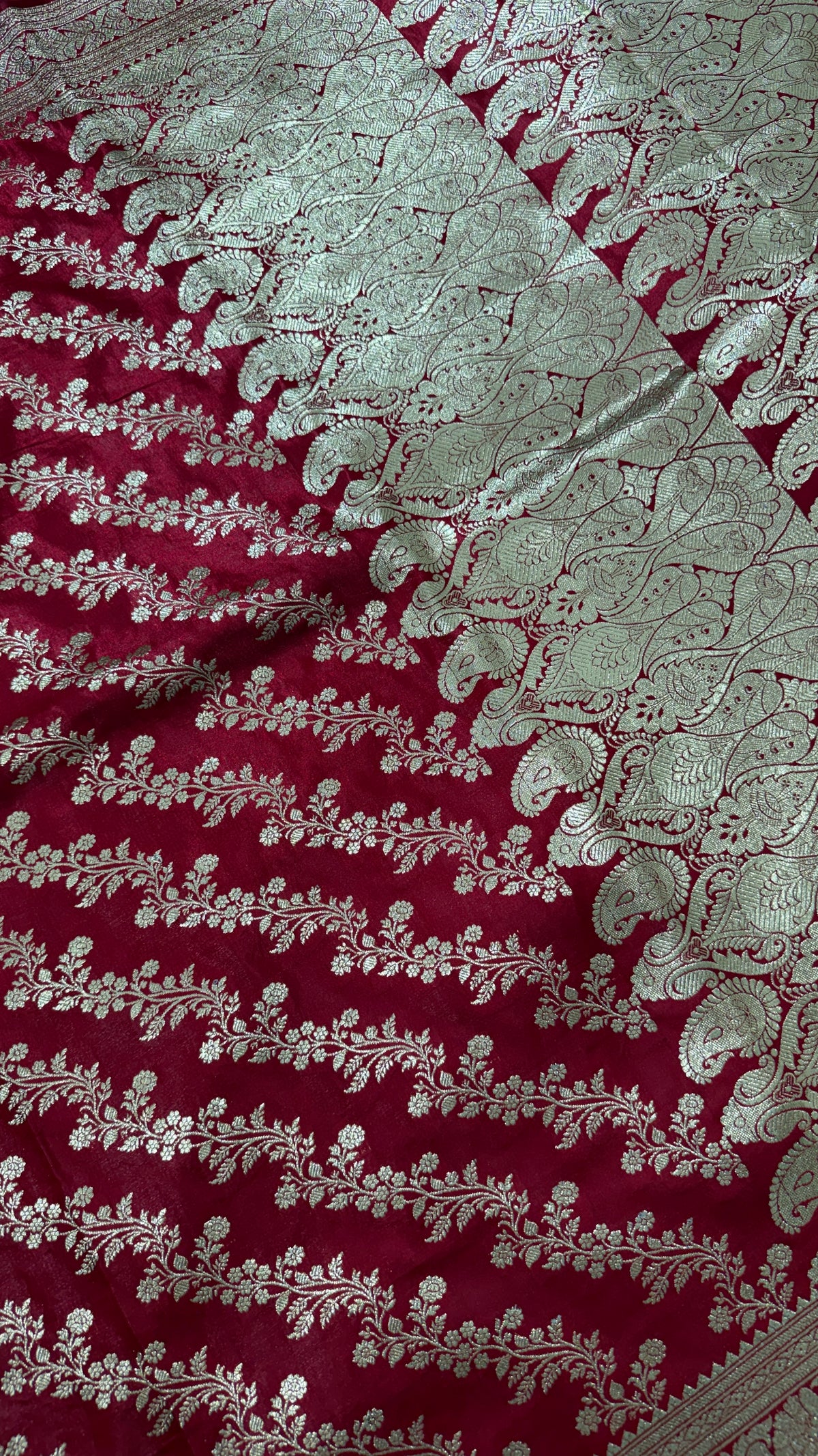 Maroon Gold Banarasi Silk Saree, Floral Paisley Zari Weave, Wedding Festive