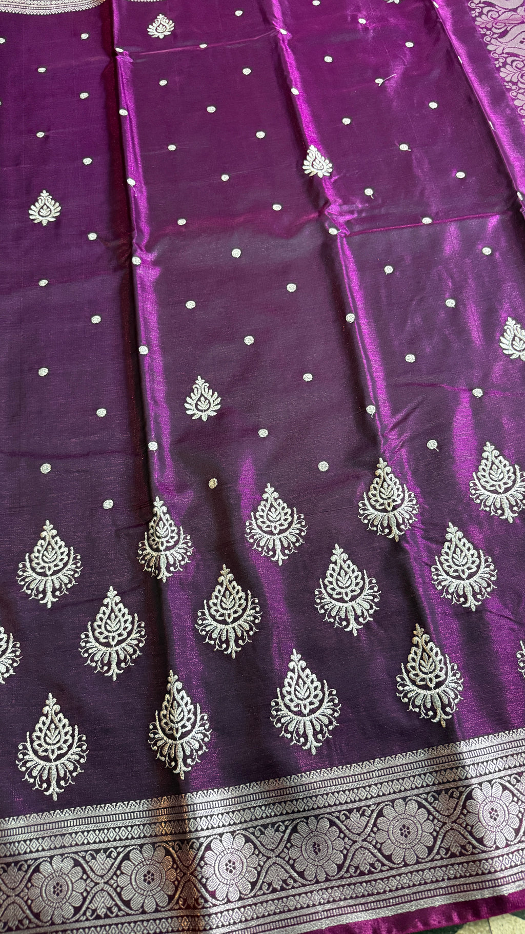 Deep Purple Satin Silk Saree, Silver Zari Border, Festive Indian Wedding Wear