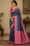 Navy Blue Dola Silk Saree, Banarasi Zari Woven, Pink Border, Floral Motifs, Festive Wear