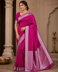 Rani Pink Satin Silk Saree, Silver Zari Border, Floral Motifs, Wedding Wear