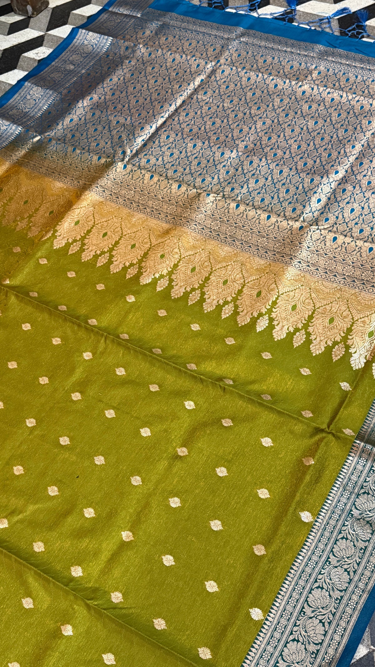 Olive Green Banarasi Silk Saree, Blue Zari Woven Border, Traditional Indian Wedding Wear