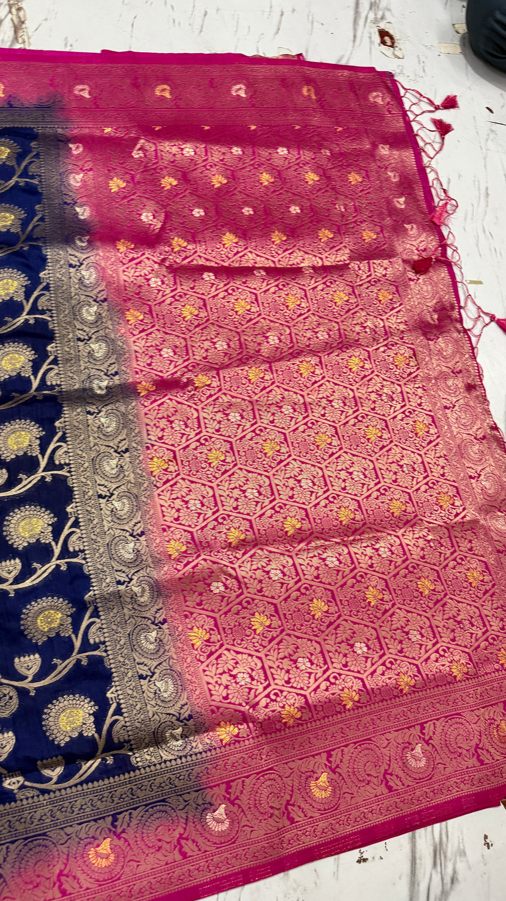Navy Blue Dola Silk Saree, Banarasi Zari Woven, Pink Border, Floral Motifs, Festive Wear