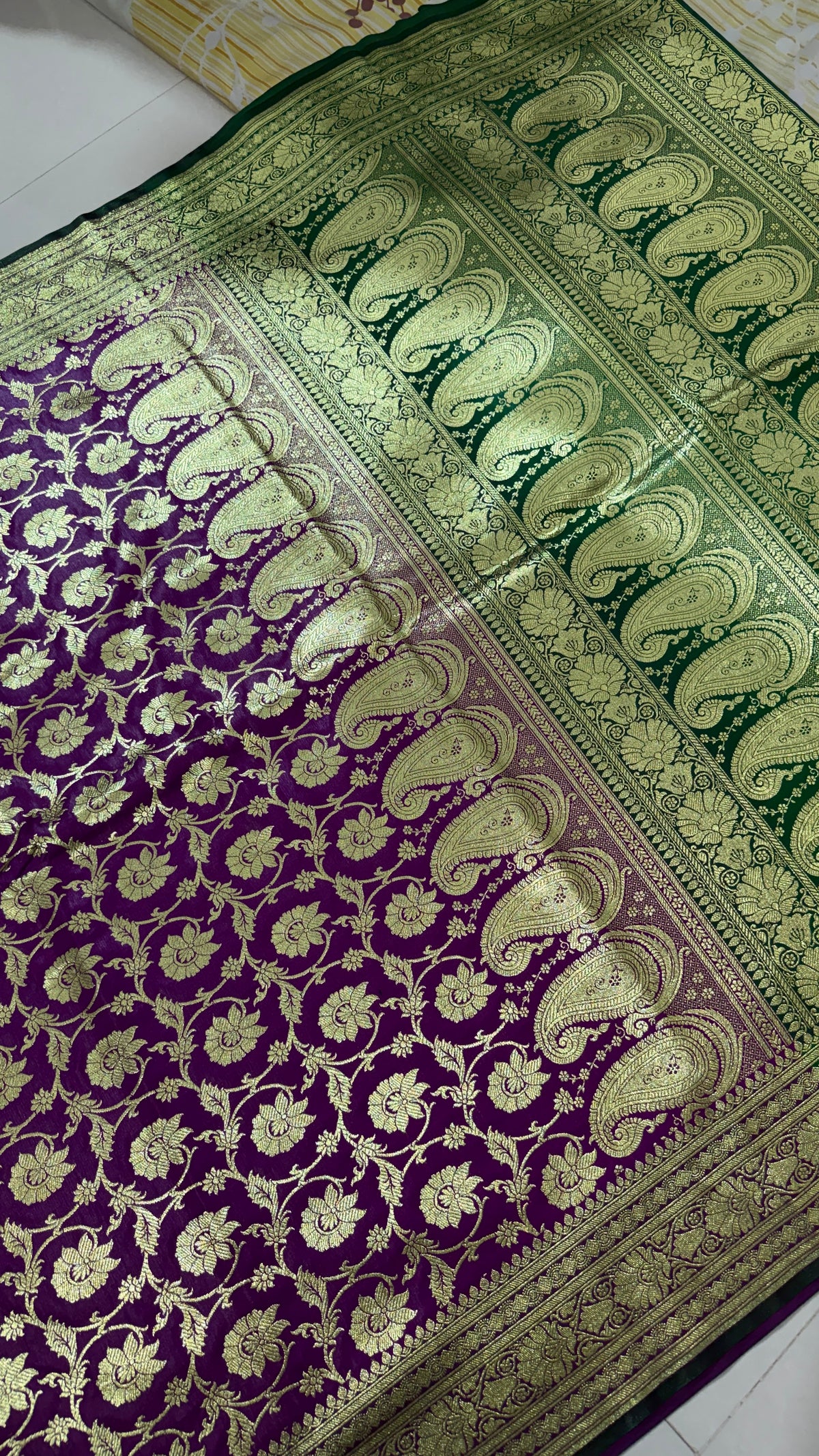 Purple Green Banarasi Silk Saree, Gold Zari Floral Paisley Wedding Saree