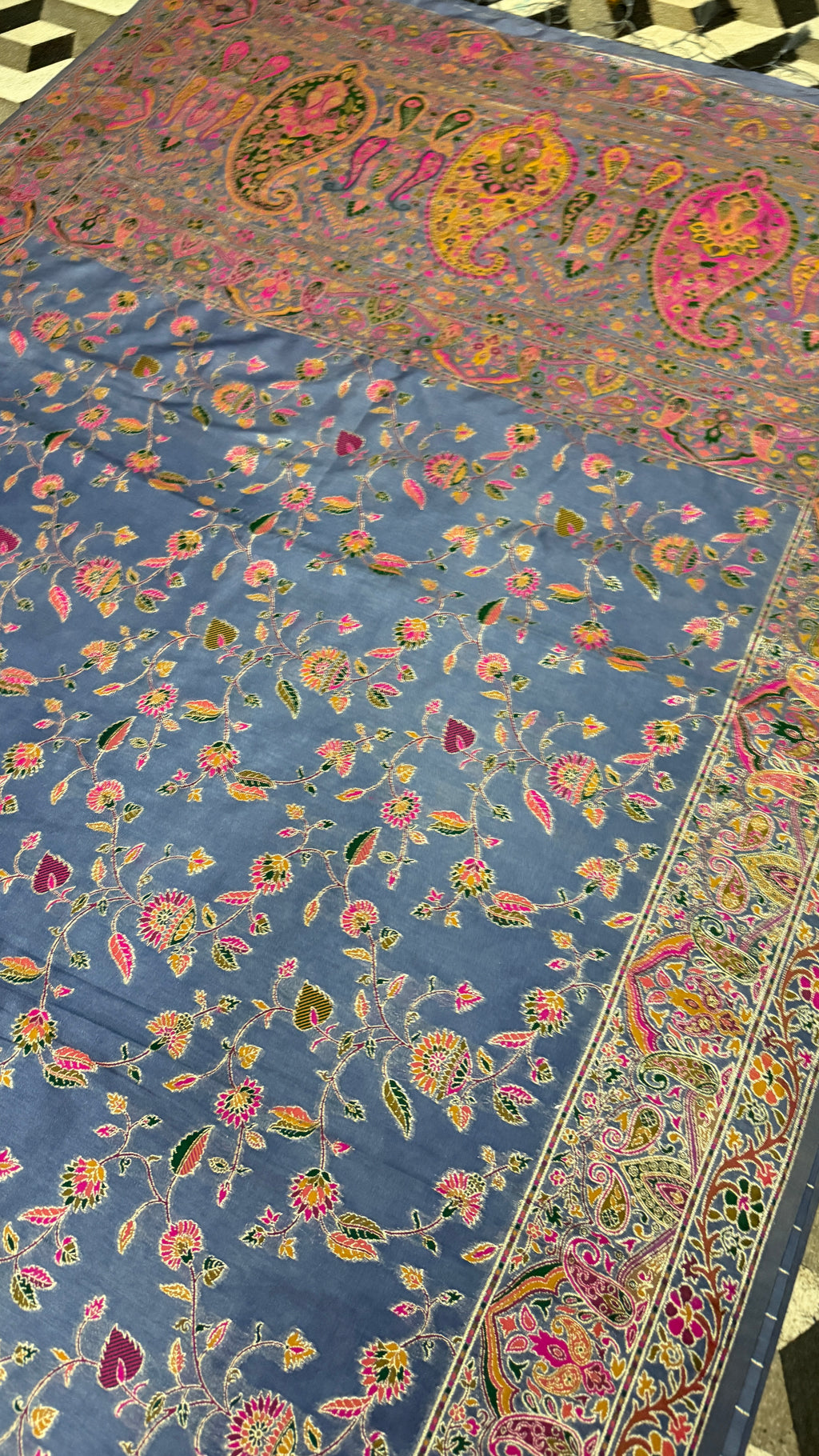 Steel Blue Pashmina Silk Saree, Kashmiri Floral Woven, Paisley Border, Indian Festive Wear
