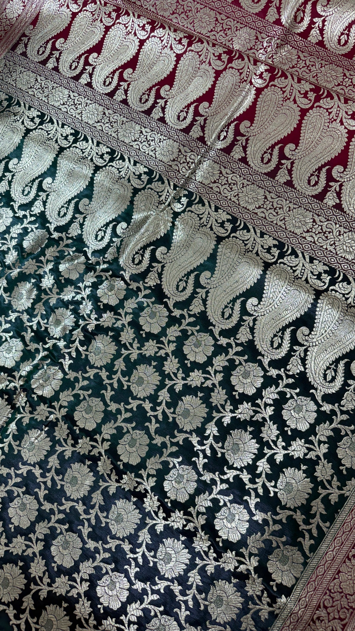 Dark Green Maroon Banarasi Silk Saree, Gold Zari Floral Paisley Wedding Saree