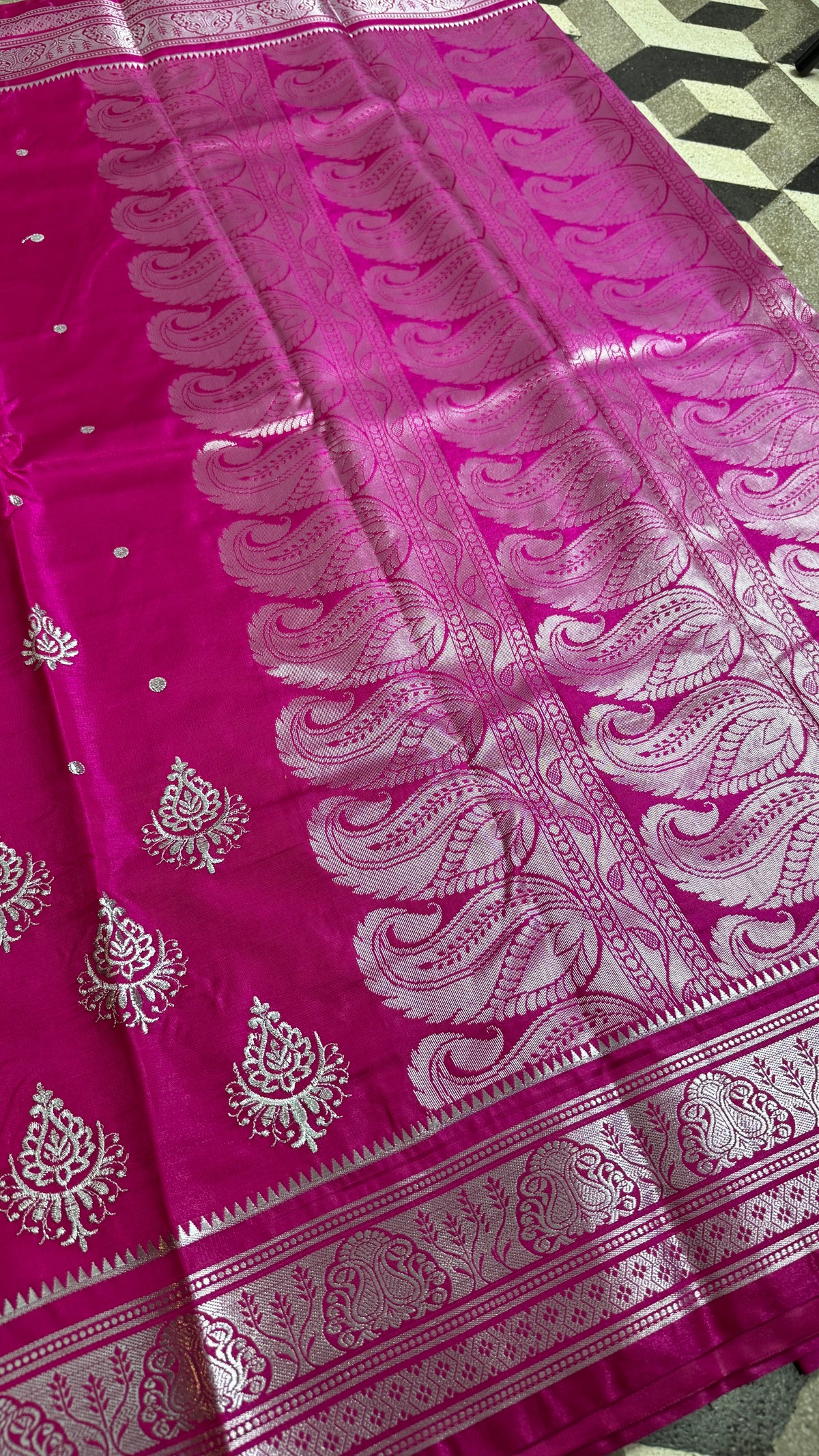 Magenta Pink Satin Silk Saree, Silver Zari Border, Festive Indian Wedding Wear