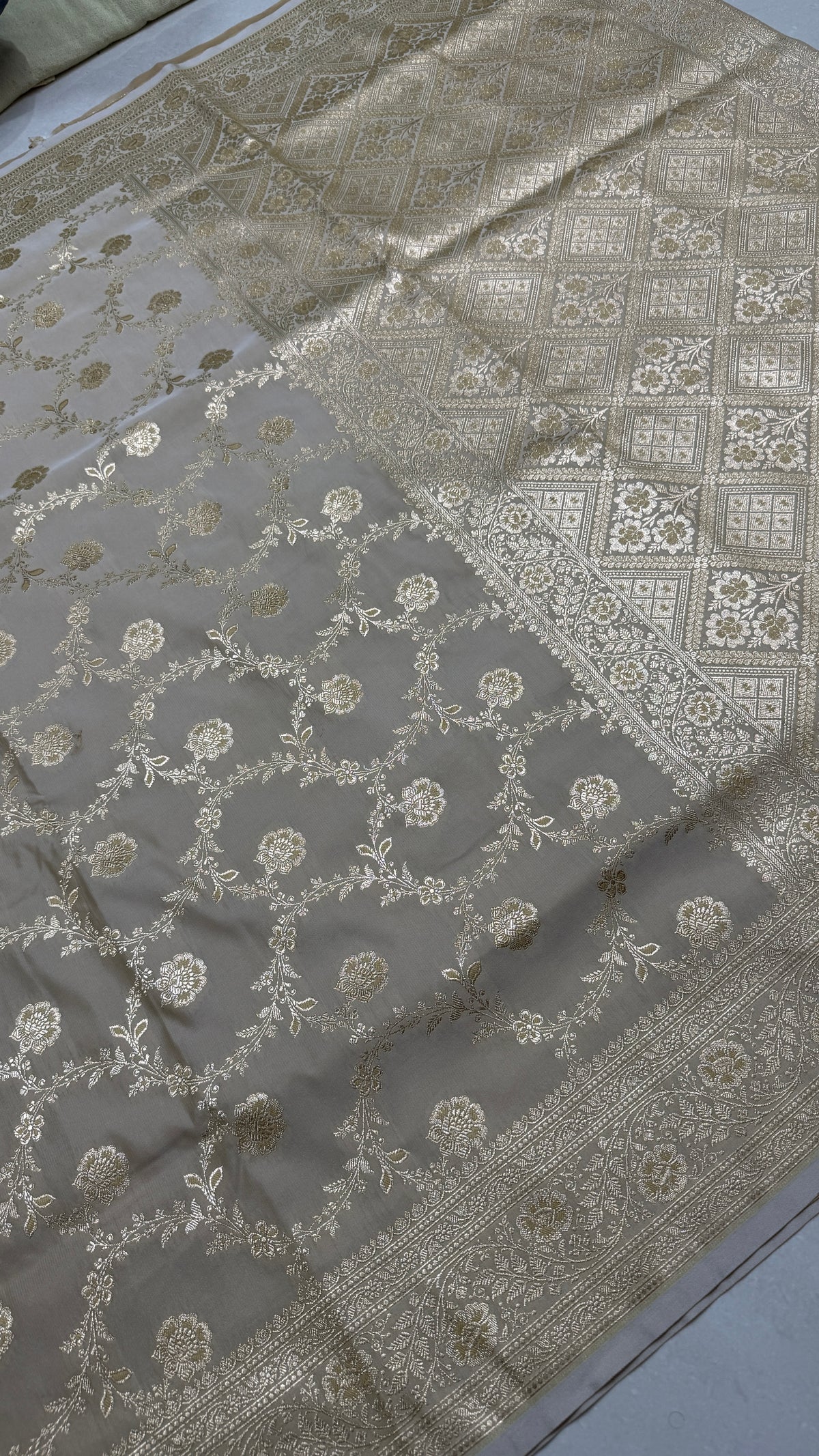 Pure Katan Silk Banarasi Saree – Ivory Gold Zari Handwoven Wedding Saree