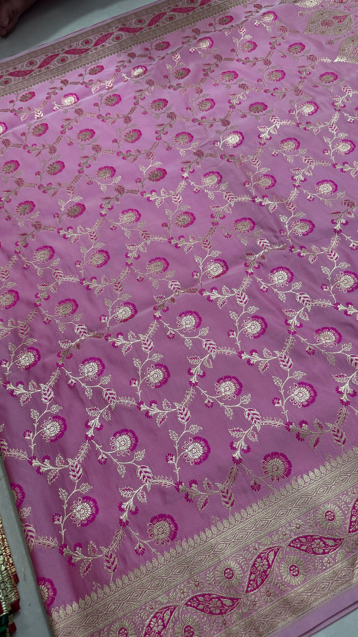 Pink Katan Silk Banarasi Saree, Gold Zari Floral Weave, Wedding Bridal Ethnic Wear