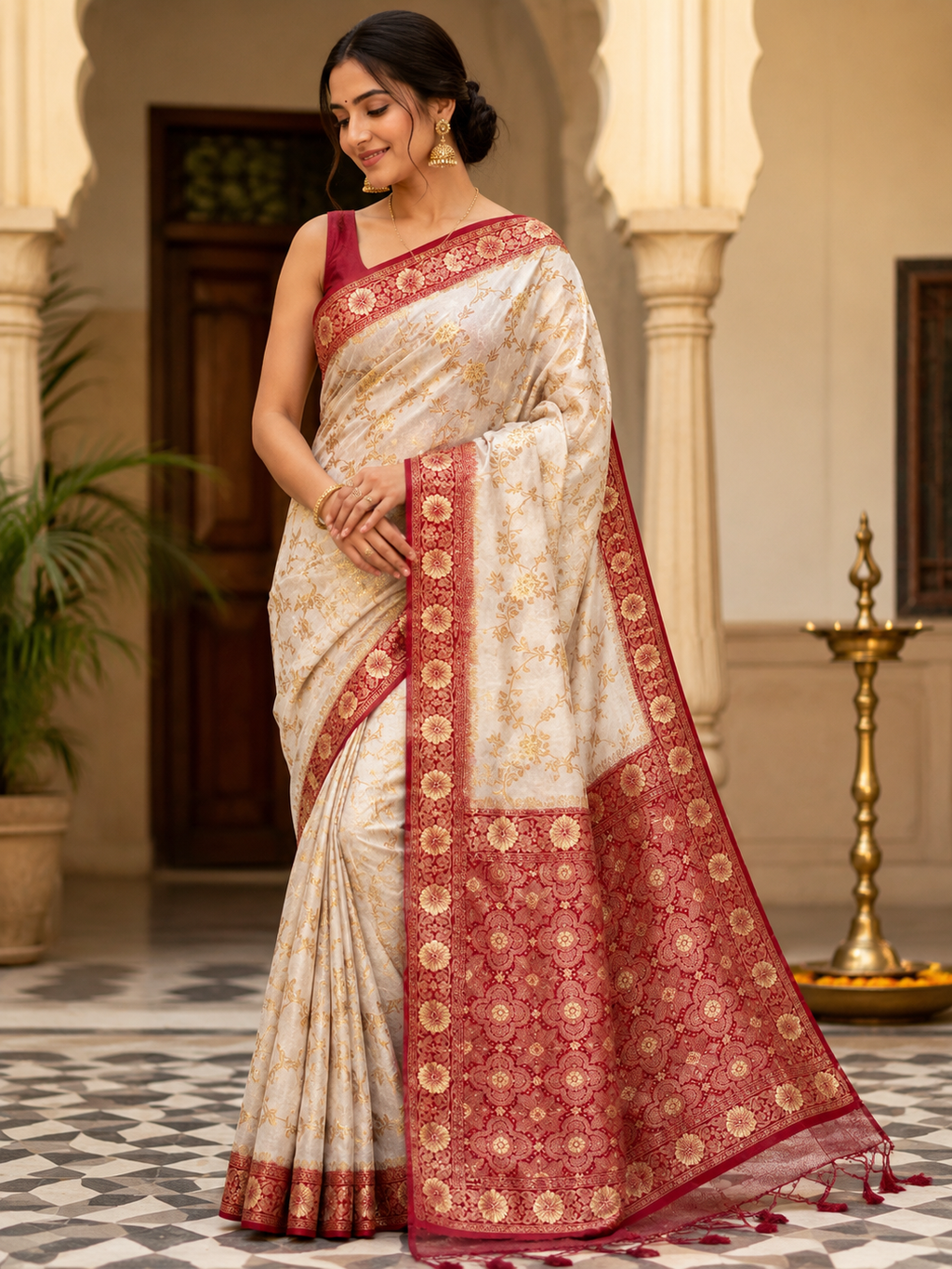 Ivory & Red Dola Silk Saree | Elegant Woven Floral Design | Traditional Banarasi Style Saree