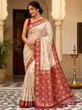 Ivory & Red Dola Silk Saree | Elegant Woven Floral Design | Traditional Banarasi Style Saree