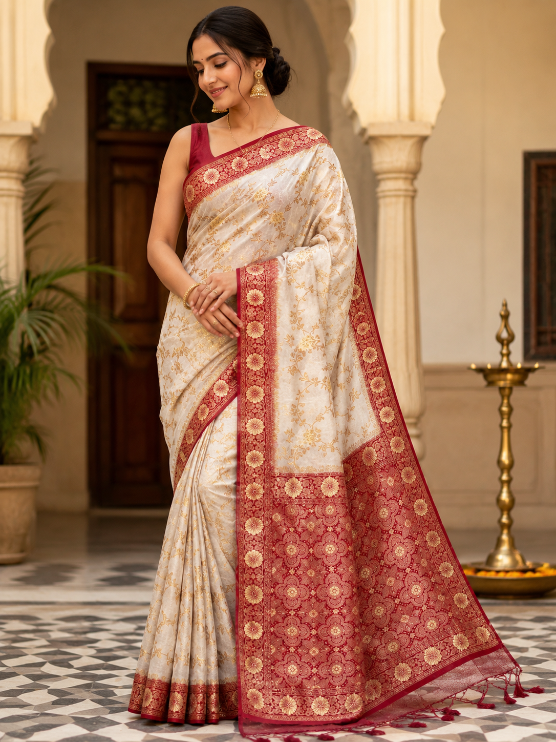 Ivory & Red Dola Silk Saree | Elegant Woven Floral Design | Traditional Banarasi Style Saree